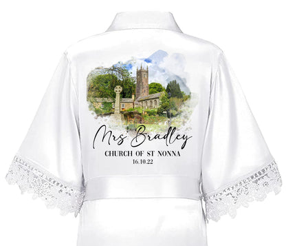 Wedding Venue Bridal Robe or PJs, Satin Lace Gift, Gift for Wife to Be, Dressing Gown Botanical Floral Detail Wreath Letter