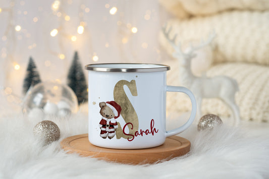 Personalised Christmas Teddy Bear Mug, Enamel Shatterproof, Children, Hot Chocolate, Kids Christmas Eve Box, Stocking Filler, Gift Present