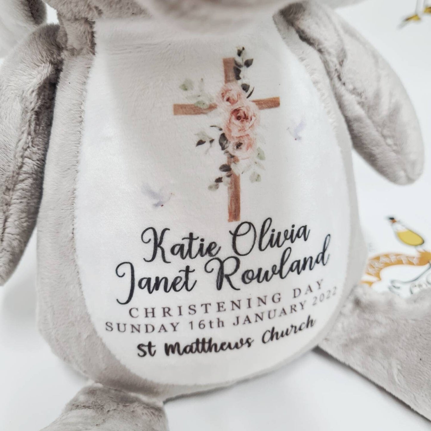 Christening Gift | Personalised Soft Toy | Custom Gift | Baptism | Bunny Elephant Giraffe Teddy Bear | Printed Thank You Wedding Flower Girl