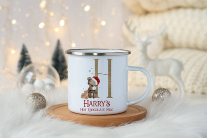 Personalised Christmas Teddy Bear Mug, Enamel Shatterproof, Children, Hot Chocolate, Kids Christmas Eve Box, Stocking Filler, Gift Present