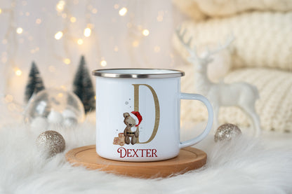 Personalised Christmas Teddy Bear Mug, Enamel Shatterproof, Children, Hot Chocolate, Kids Christmas Eve Box, Stocking Filler, Gift Present