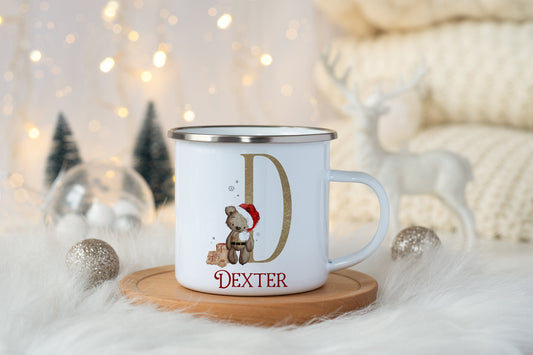 Personalised Christmas Teddy Bear Mug, Enamel Shatterproof, Children, Hot Chocolate, Kids Christmas Eve Box, Stocking Filler, Gift Present