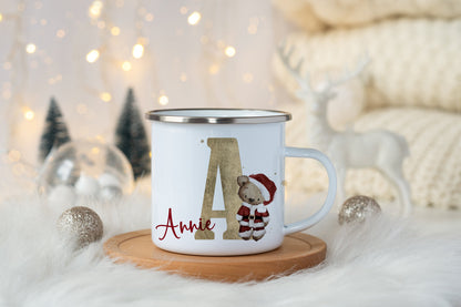 Personalised Christmas Teddy Bear Mug, Enamel Shatterproof, Children, Hot Chocolate, Kids Christmas Eve Box, Stocking Filler, Gift Present