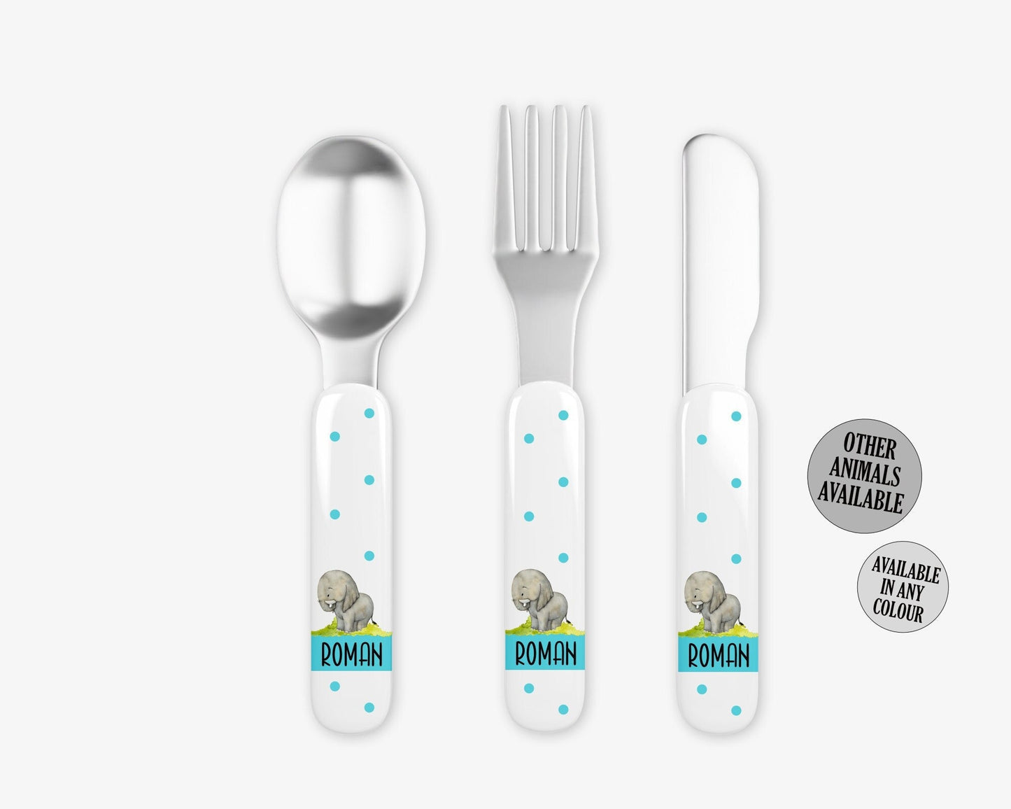 Safari Children's Cutlery Set, Personalised with Name, Knife Fork Spoon, Any Colour, Unique Safari Animals Artwork