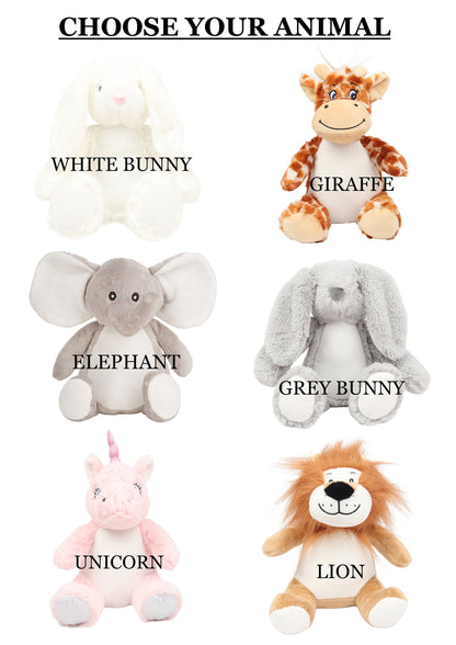 Christening Gift | Personalised Soft Toy | Custom Gift | Baptism | Bunny Elephant Giraffe Teddy Bear | Printed Thank You Wedding Flower Girl