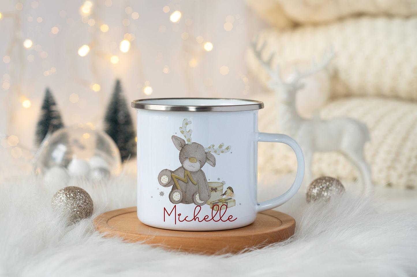 Personalised Christmas Reindeer Mug, Enamel Shatterproof, Children, Hot Chocolate, Kids Christmas Eve Box, Stocking Filler, Gift Present