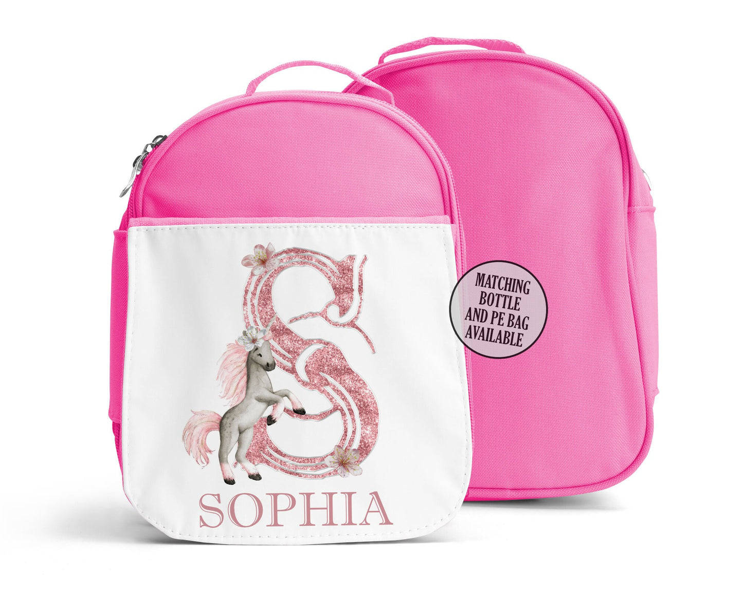 Personalised School Gym Bag, Kids PE Bag, Back to School Unicorn Rose Gold Glitter Letter Alphabet with Name