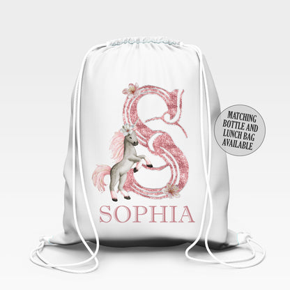 Personalised Unicorn Rose Gold Glitter Letter Lunch Bag, Back to School Cool Bag Lunch Box, Kids Toddler Nursery, Alphabet Flower Design