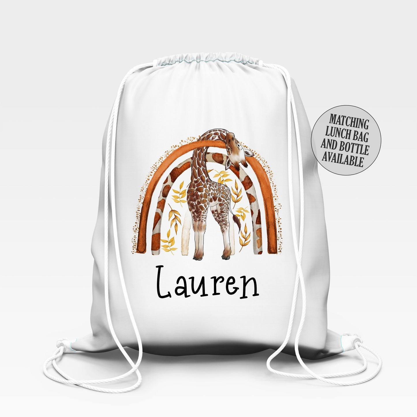 Personalised School Gym Bag, Kids PE Bag, Back to School Giraffe Safari Theme, Personal with Name, Giraffe Rainbow