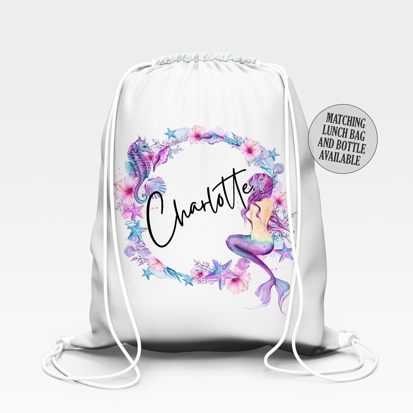 Personalised School Gym Bag, Kids PE Bag, Back to School Mermaid Sea Theme, Wreath with Name, Flowery Bag for Girls, Mermaid Underwater