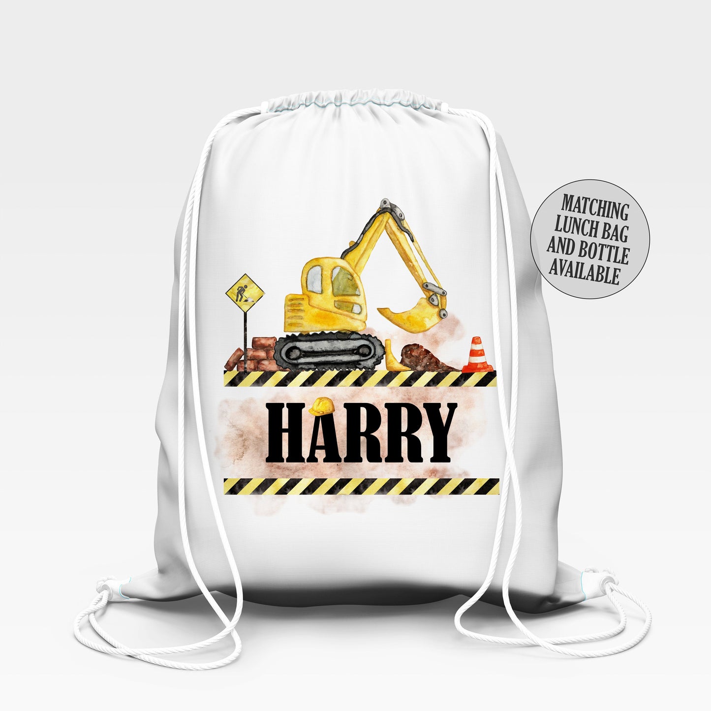 Personalised School Gym Bag, Kids PE Bag, Back to School Digger Theme, Construction Vehicle, Excavator with Name