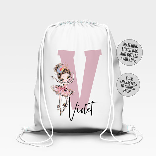 Personalised School Gym Bag, Kids PE Bag, Back to School Ballet Dancer Theme with Name, Flowery Bag for Girls, Dance Gift, Stocking Filler