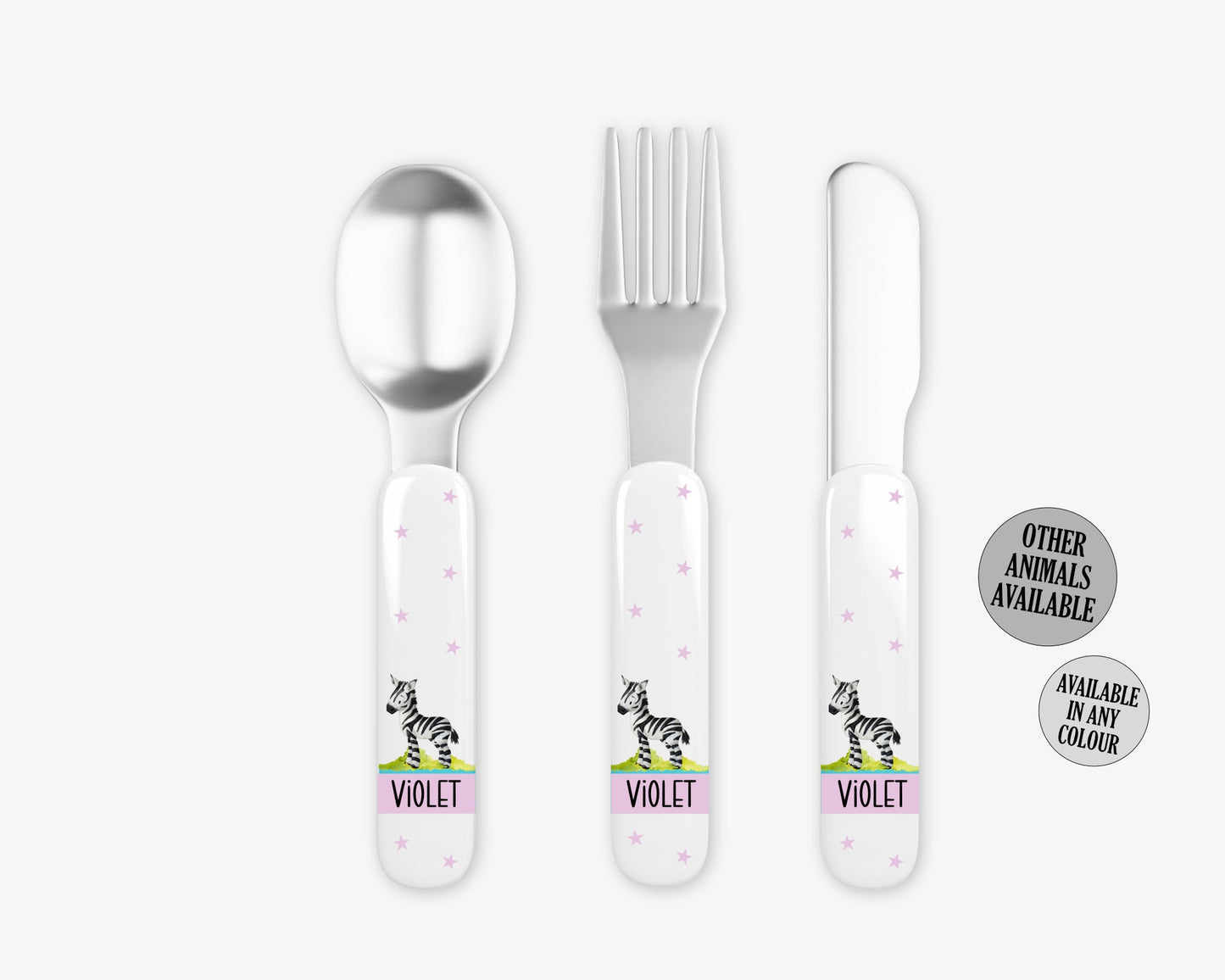 Safari Children's Cutlery Set, Personalised with Name, Knife Fork Spoon, Any Colour, Unique Safari Animals Artwork