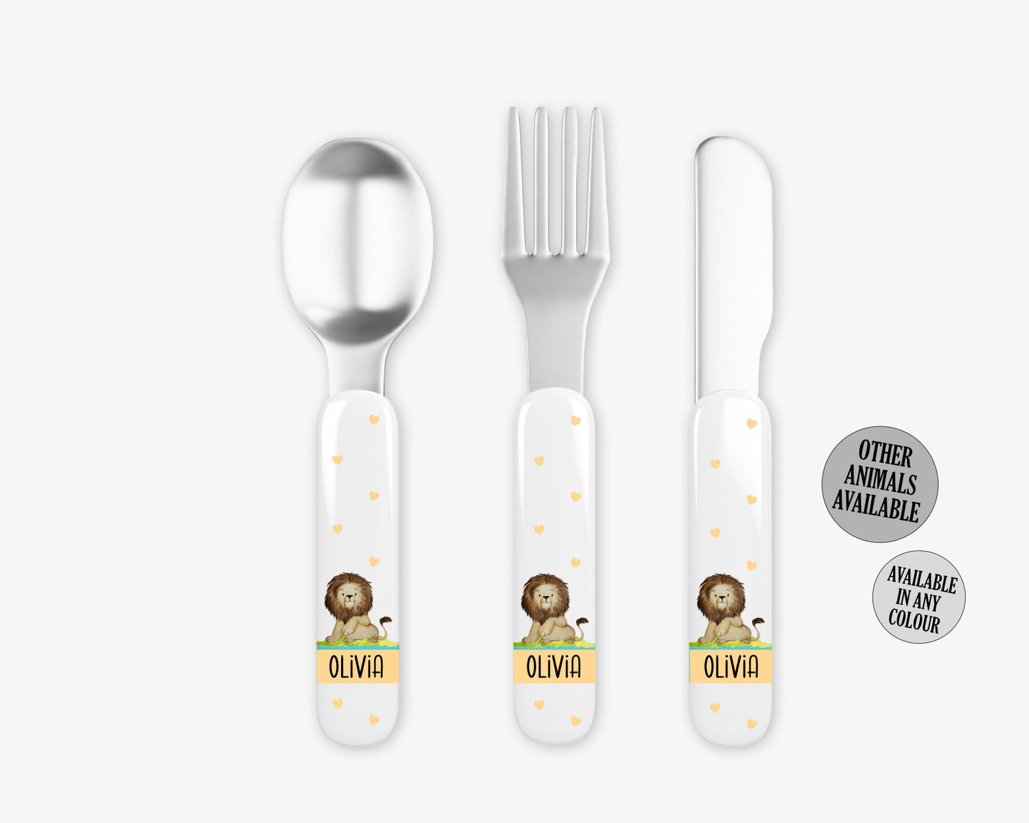 Safari Children's Cutlery Set, Personalised with Name, Knife Fork Spoon, Any Colour, Unique Safari Animals Artwork