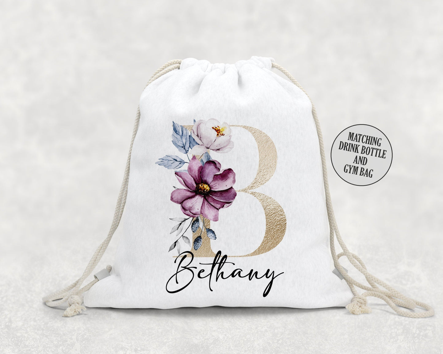 Personalised School Gym Bag, Kids PE Bag, Back to School Flower Theme, Floral Letter Alphabet with Name