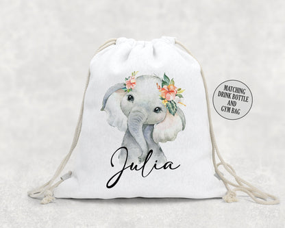 Personalised School Gym Bag, Kids PE Bag, Back to School Elephant Flower Theme, Floral with Name, Safari Cute Elephant for Girls and Boys