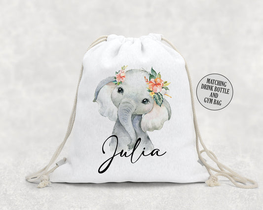 Personalised School Gym Bag, Kids PE Bag, Back to School Elephant Flower Theme, Floral with Name, Safari Cute Elephant for Girls and Boys