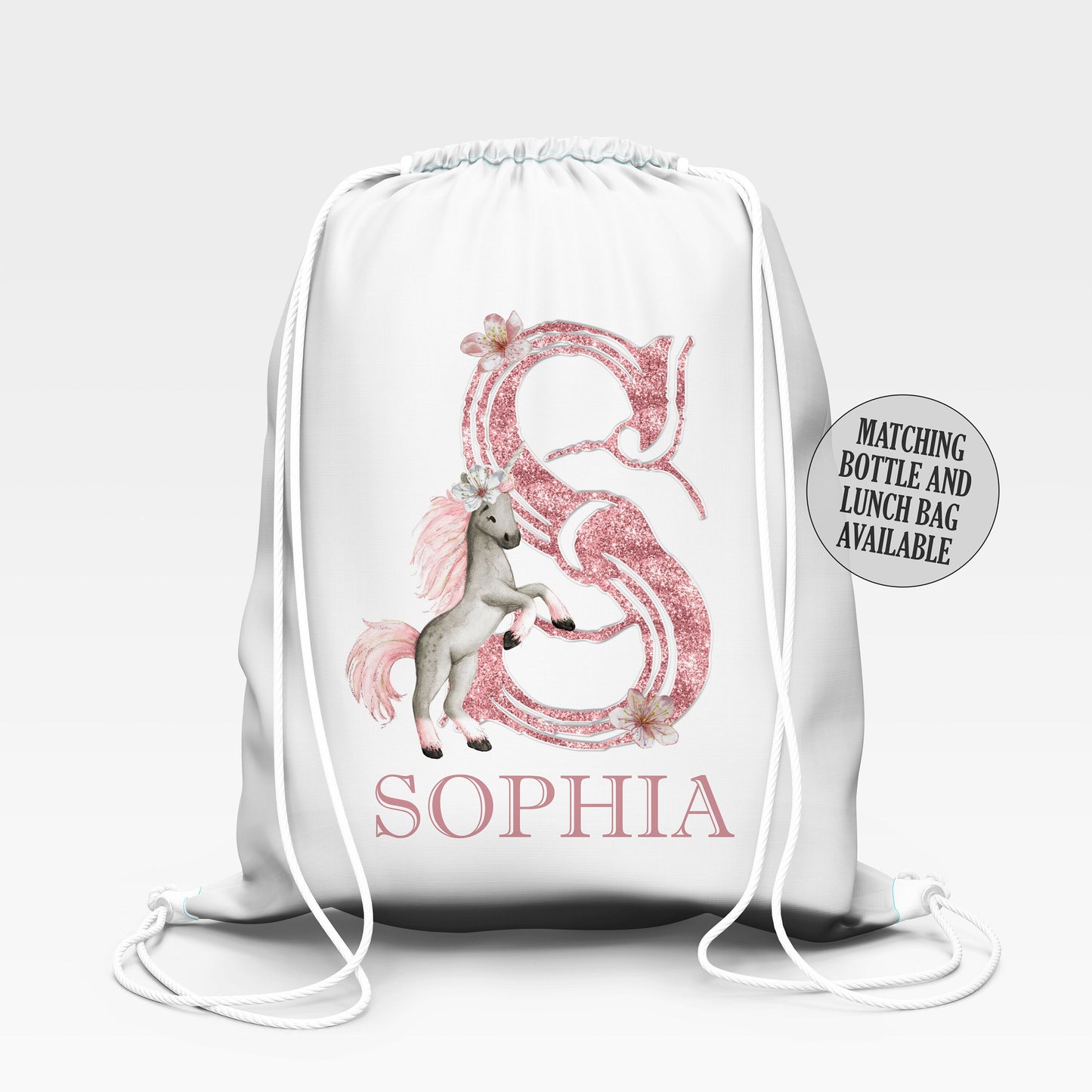 Personalised School Gym Bag, Kids PE Bag, Back to School Unicorn Rose Gold Glitter Letter Alphabet with Name