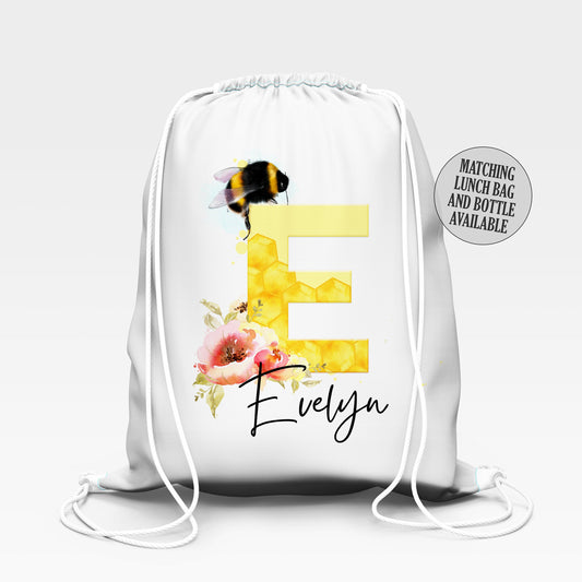 Personalised School Gym Bag, Kids PE Bag, Back to School Floral Bee Theme, Alphabet with Name, Flowery Bag for Girls, Bee Gift