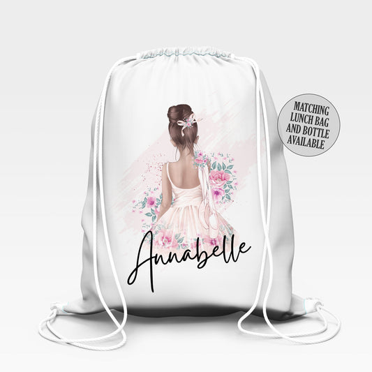 Personalised School Gym Bag, Kids PE Bag, Back to School Ballet Dancer Theme with Name, Flowery Bag for Girls, Dance Gift, Stocking Filler
