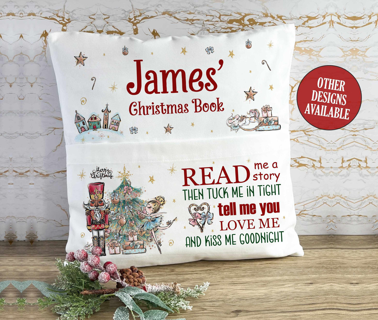 Personalised Christmas Book Cushion, Pocket Cushion, Book Pillow for Children, Christmas Story Time, Nutcracker Santa Elf, Soft Velvet