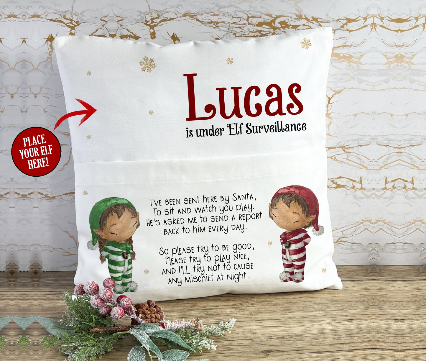 Elf Cushion, Personalised Christmas Naughty Elf Cushion for Children, The Elf is Back, Naughty Elf Returns