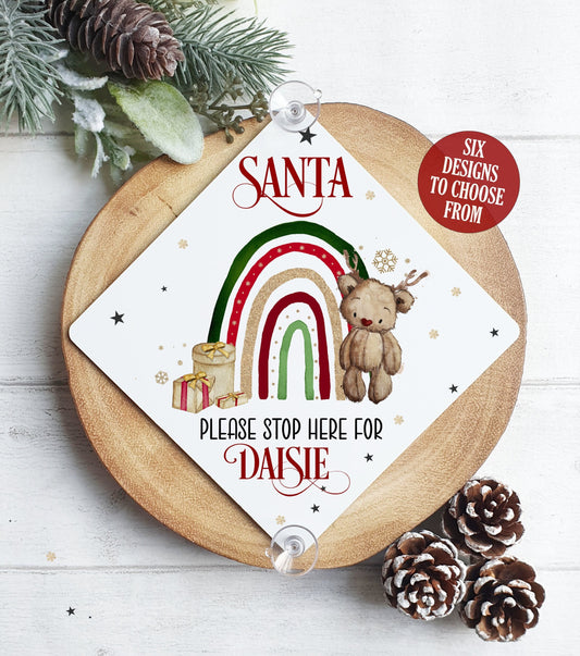 Santa Please Stop Here - Personalised Window Sign with Suction Cups, Vintage Father Christmas Rainbow, Christmas Eve Box, Stocking Filler