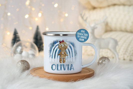 Personalised Christmas Gingerbread Shatterproof Mug, Enamel Cup for Children, Hot Chocolate, Christmas Eve Box Stocking Filler, Gift Present