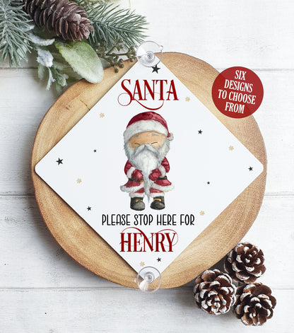 Santa Please Stop Here - Personalised Window Sign with Suction Cups, Vintage Father Christmas Rainbow, Christmas Eve Box, Stocking Filler