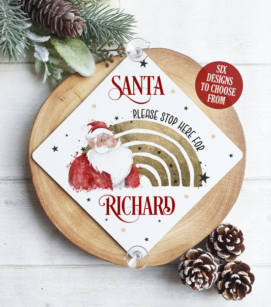 Santa Please Stop Here - Personalised Window Sign with Suction Cups, Vintage Father Christmas Rainbow, Christmas Eve Box, Stocking Filler