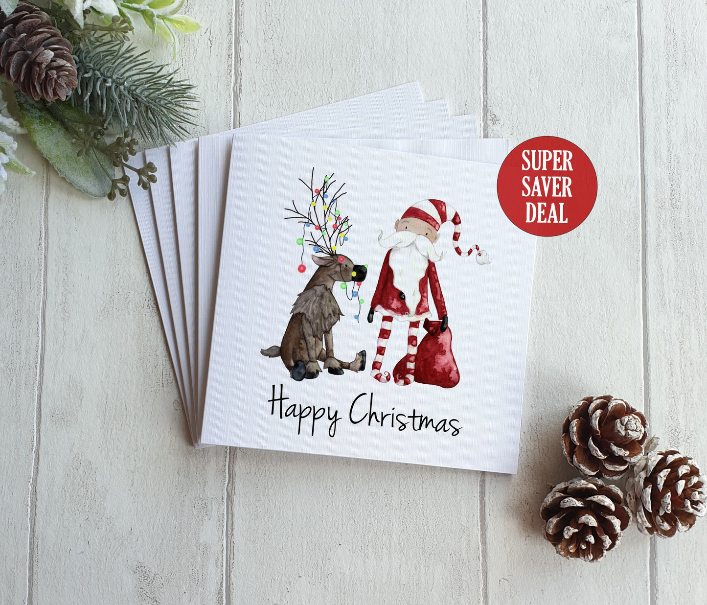 Pack of 5 Christmas Cards, SUPER SAVER, 6x6 Linen Cards with Envelope