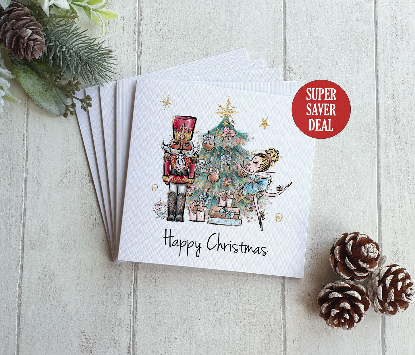 Pack of 5 Christmas Cards, SUPER SAVER, 6x6 Linen Cards with Envelope