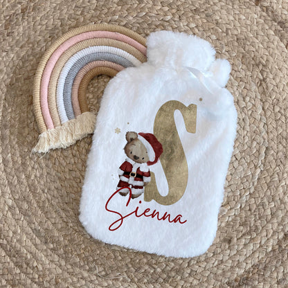Personalised Hot Water Bottle, Christmas Gift Idea for Her or Him, Cute Santa Bear Alphabet Design, Stocking Filler, Christmas Eve Box Idea