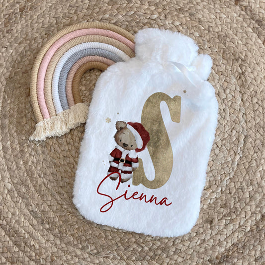 Personalised Hot Water Bottle, Christmas Gift Idea for Her or Him, Cute Santa Bear Alphabet Design, Stocking Filler, Christmas Eve Box Idea