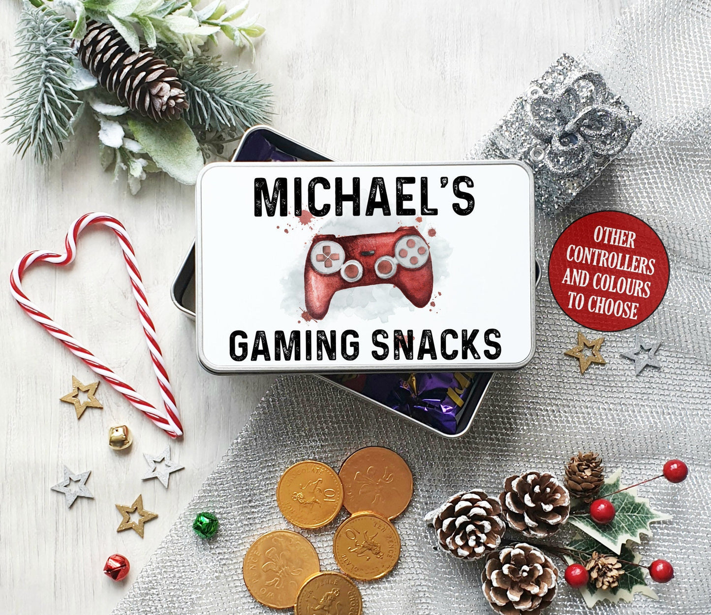 Personalised Gaming Snack Tin, Christmas Gamer Gift for Boys and Girls, Metal Treat Box, Stocking Filler, PS5 Xbox Switch Present