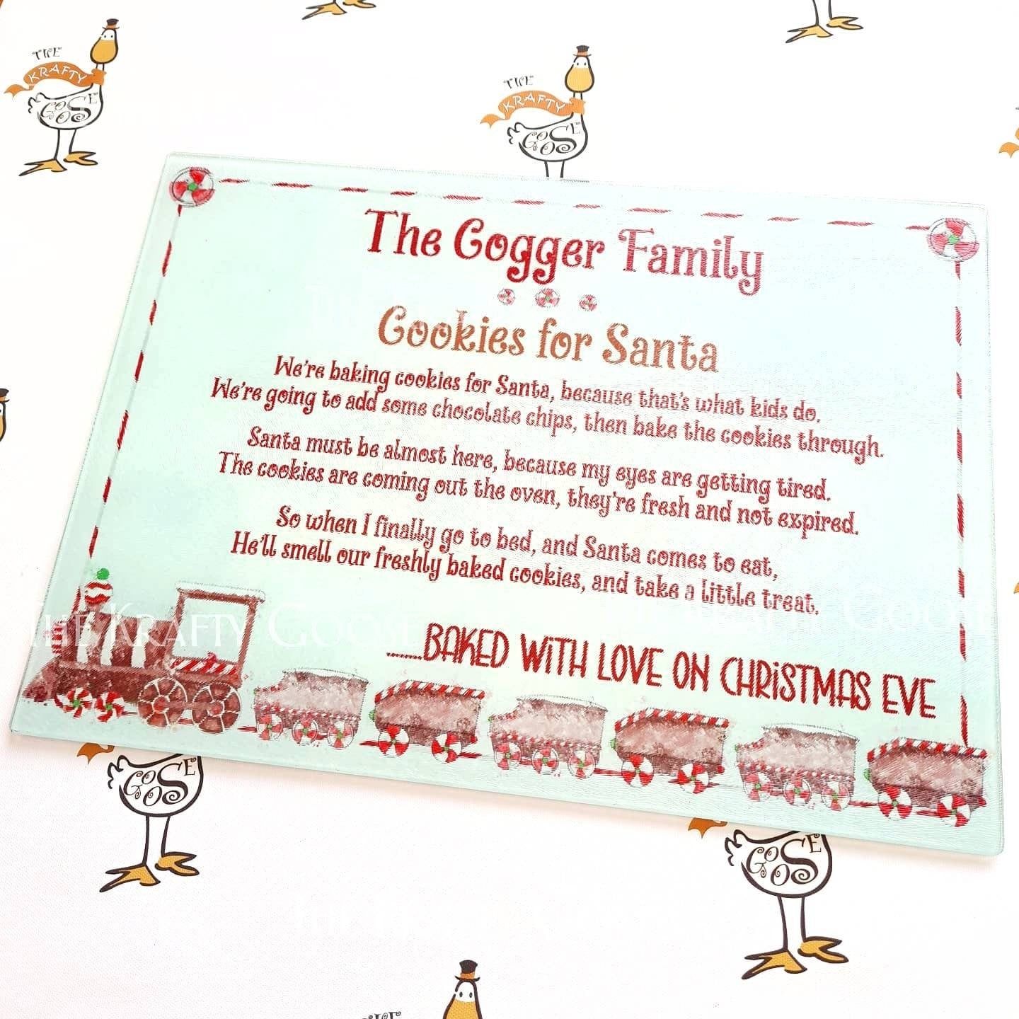 Christmas Chopping Board, Personalised Glass Cutting Board, Cookies for Santa Poem, Baking Gift, Gingerbread Train, Different Sizes