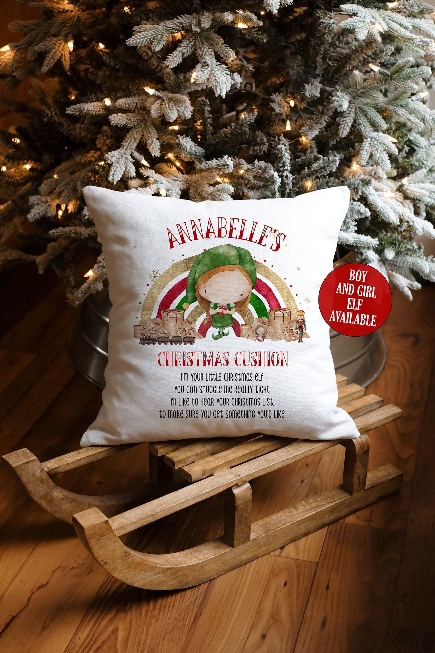 Personalised Elf Cushion, Christmas Snuggle Cushion for Children, Cute Christmas Poem