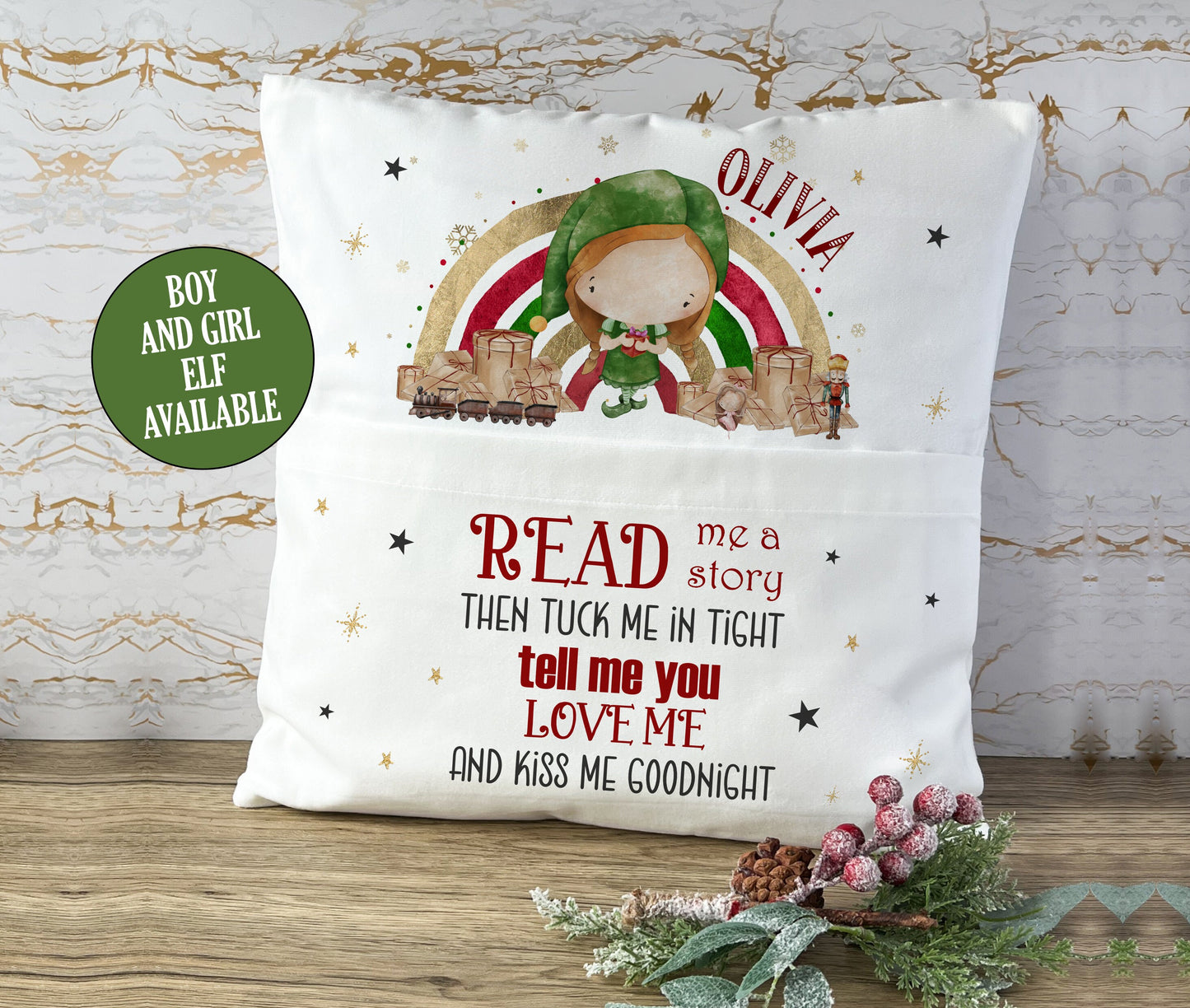 Personalised Christmas Book Cushion, Pocket Cushion, Book Pillow for Children, Christmas Story Time, Nutcracker Santa Elf, Soft Velvet