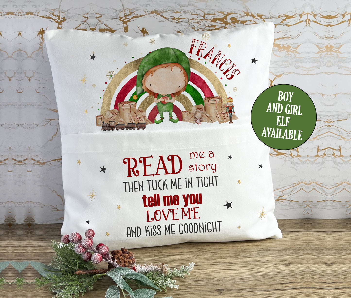 Personalised Christmas Book Cushion, Pocket Cushion, Book Pillow for Children, Christmas Story Time, Nutcracker Santa Elf, Soft Velvet