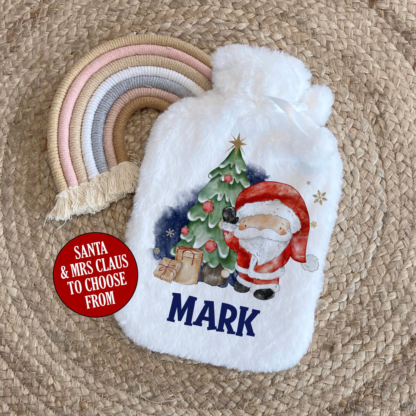 Personalised Hot Water Bottle, Christmas Gift Idea for Her or Him, Mrs Claus and Santa Design, Stocking Filler, Christmas Eve Box Idea