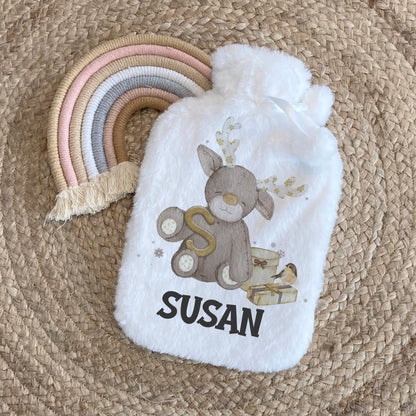 Personalised Hot Water Bottle, Christmas Gift Idea for Her or Him, Cute Reindeer Alphabet Design, Stocking Filler, Christmas Eve Box Idea