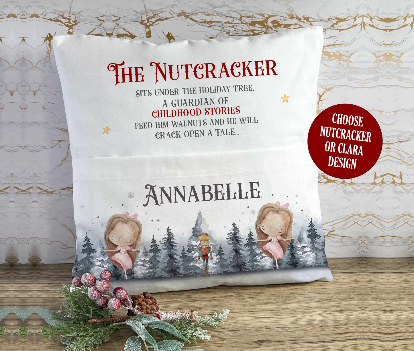 Personalised Nutcracker Christmas Book Cushion, Pocket Cushion, Book Pillow for Children, Christmas Story Time, Santa Elf, Soft Velvet