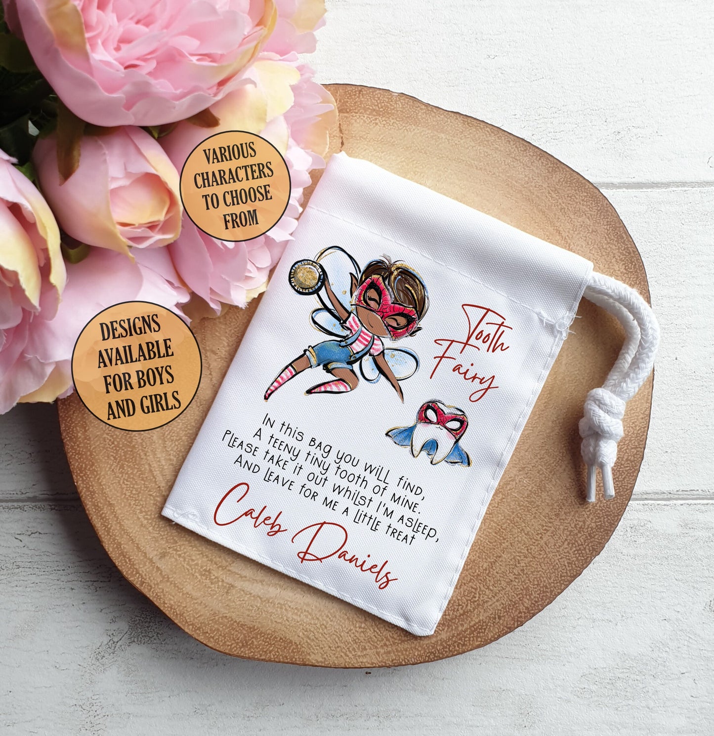 Tooth Fairy Bag, Personalised Drawstring Sack, Boys and Girl Characters, including Superhero!