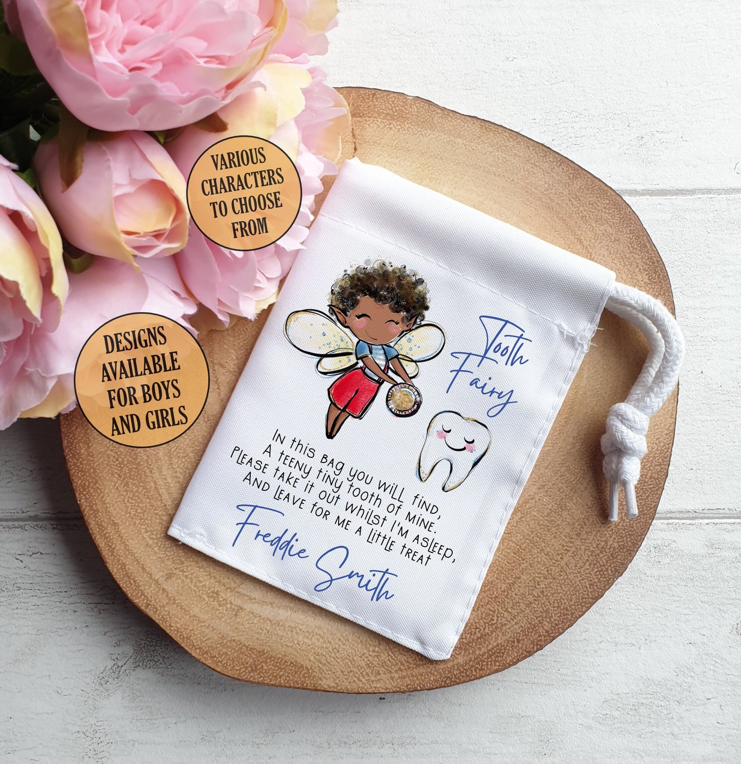 Tooth Fairy Bag, Personalised Drawstring Sack, Boys and Girl Characters, including Superhero!