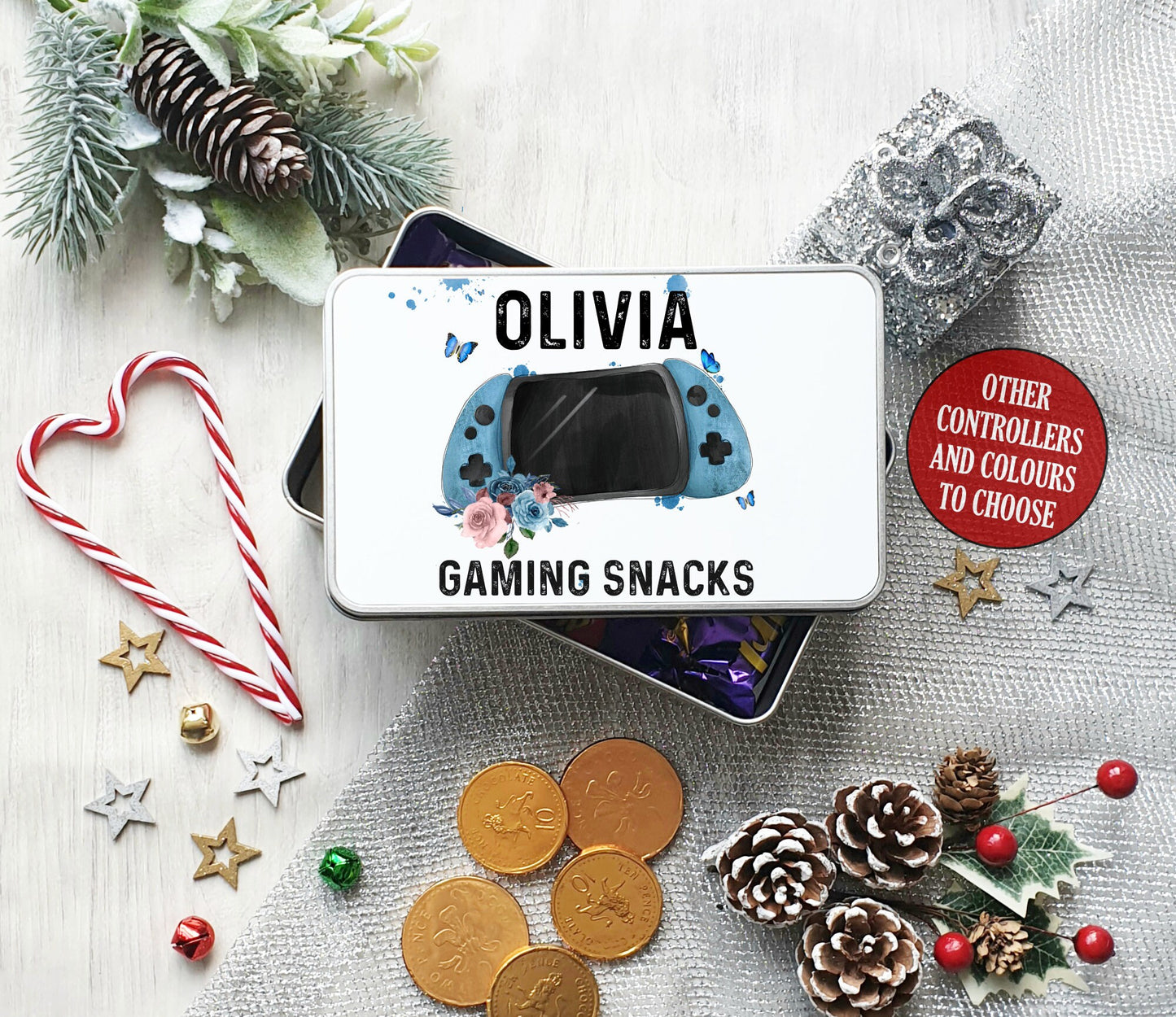 Personalised Gaming Snack Tin, Christmas Gamer Gift for Boys and Girls, Metal Treat Box, Stocking Filler, PS5 Xbox Switch Present