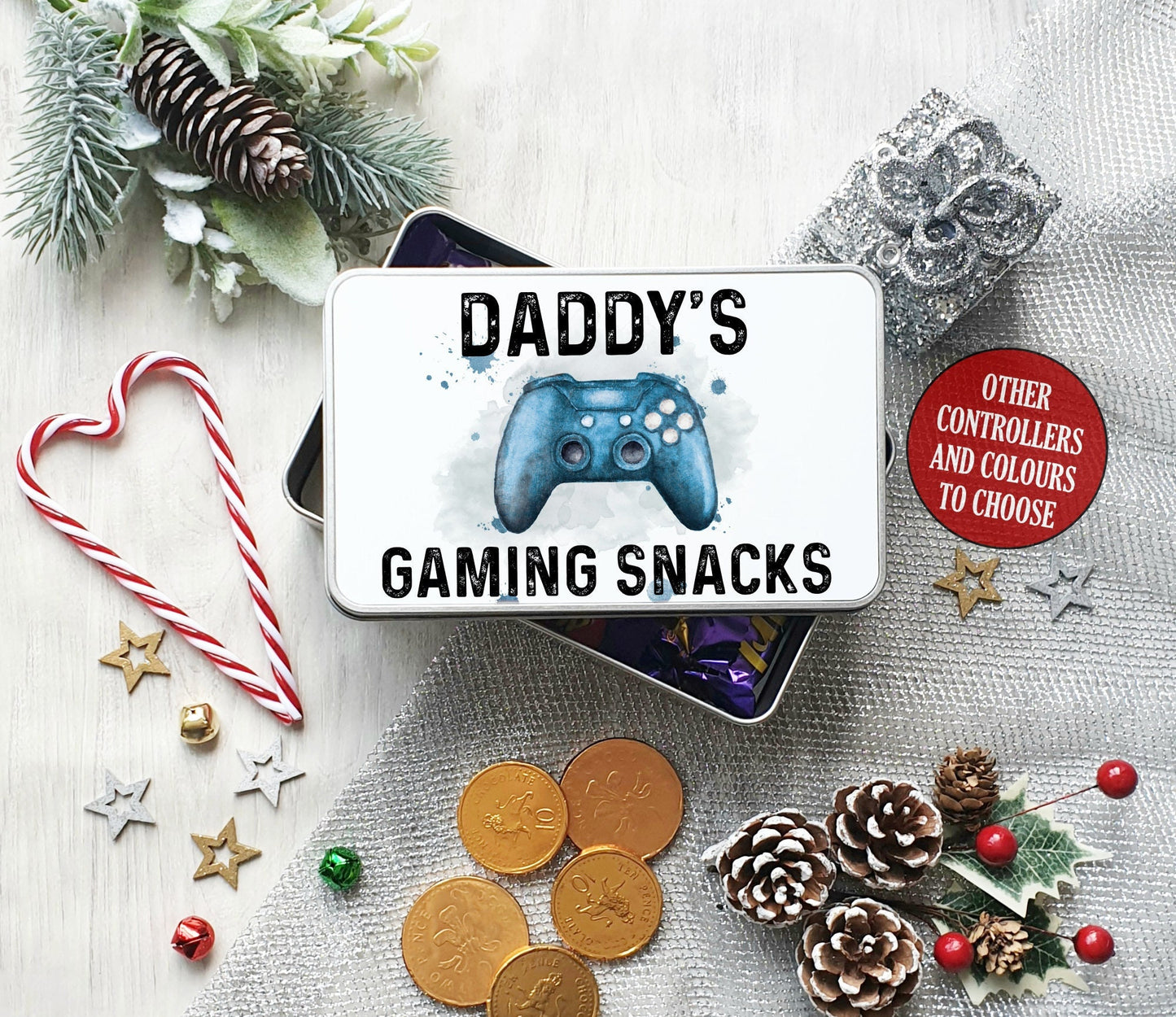 Personalised Gaming Snack Tin, Christmas Gamer Gift for Boys and Girls, Metal Treat Box, Stocking Filler, PS5 Xbox Switch Present