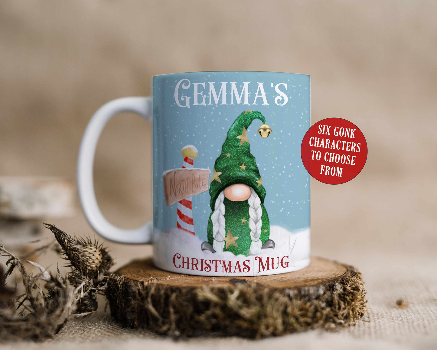 Personalised Gonk Mug, Christmas Hot Chocolate Mug, Red Green Pink Blue Gonk, Stocking Filler, Gift Idea for Her and Him, Mum, Nan, Dad