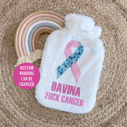 Pink Ribbon Personalised Hot Water Bottle, Breast Cancer Awareness Survivor, Never Give Up, Fuck Cancer, Floral Ribbon, Thinking of You Gift