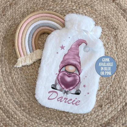 Personalised Gonk Hot Water Bottle, Pink or Blue Available, Gnome Gift Idea for Her and Him, Stocking Filler, Gift Idea for Mum, Nan, Dad