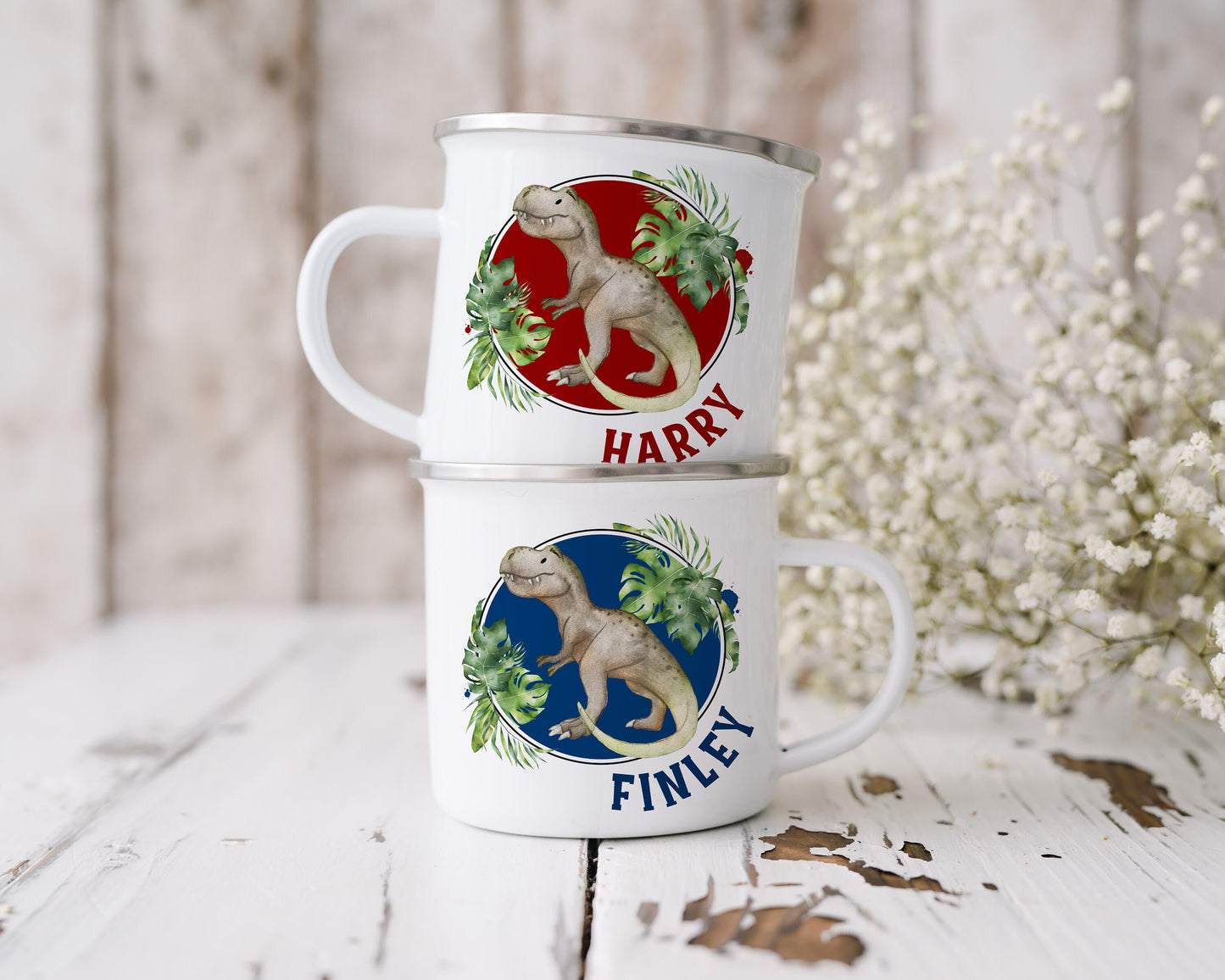 Personalised Dinosaur Mug, Enamel Mug for Kids, Stocking Filler, Children Hot Chocolate, Christmas Eve Box, Gift for Boys and Girls